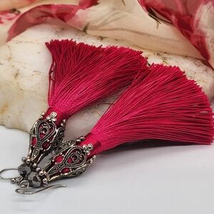 Silk Tassels Hot Pink Colorful Boho Silver Earrings Hypoallergenic Hooks